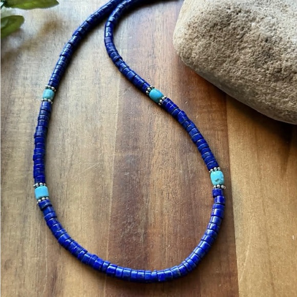 Sterling Silver Heishi Lapis Turquoise Bead Necklace. 18 inch. Gift - Picture 2 of 12